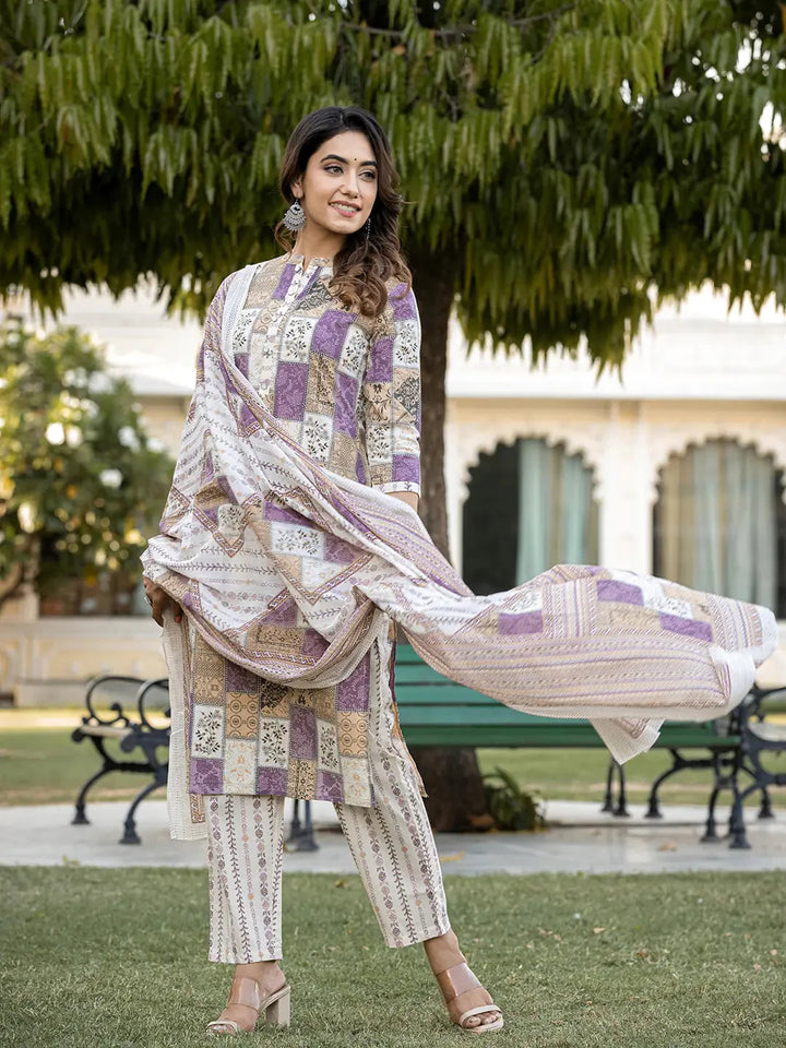 Purple-Cotton-Geometric-Print-Straight-3-Piece-Kurta-Set