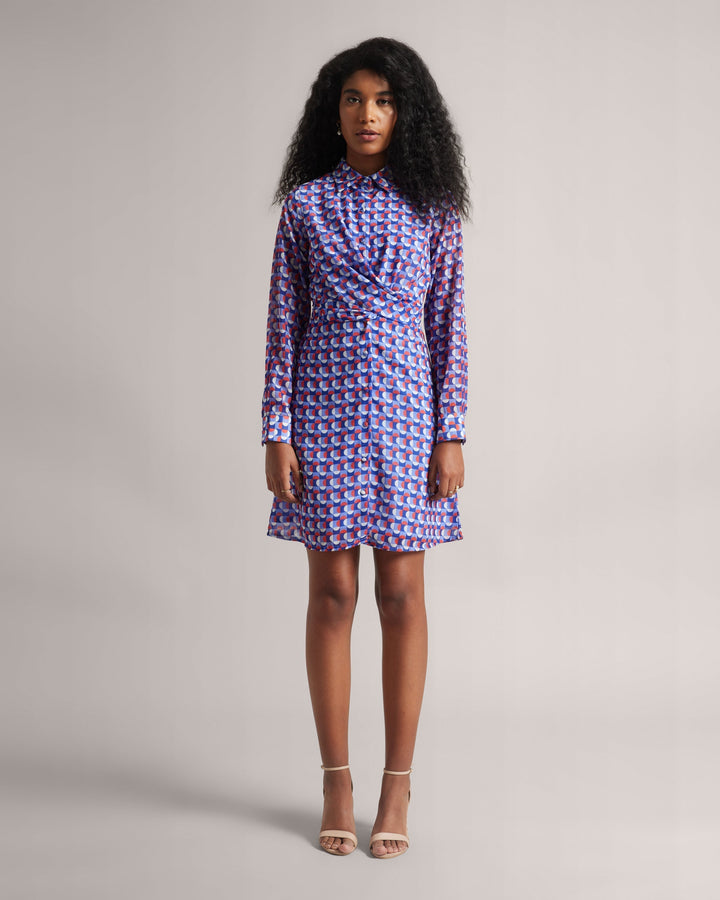 Purple Georgette Abstract Print High-Neck Collar Mini Dress