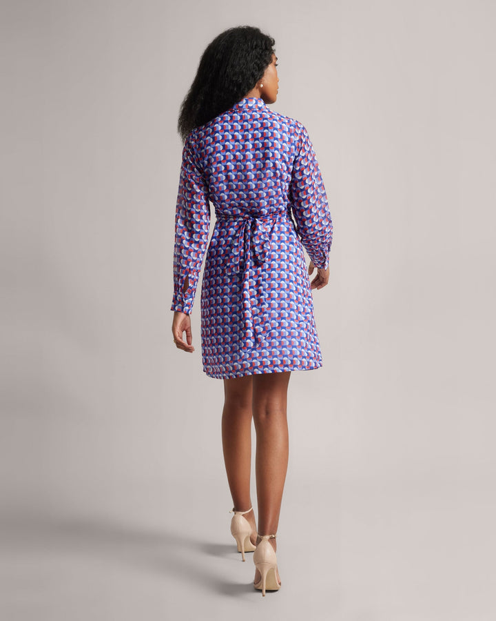 Purple Georgette Abstract Print High-Neck Collar Mini Dress