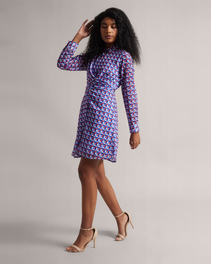 Purple Georgette Abstract Print High-Neck Collar Mini Dress