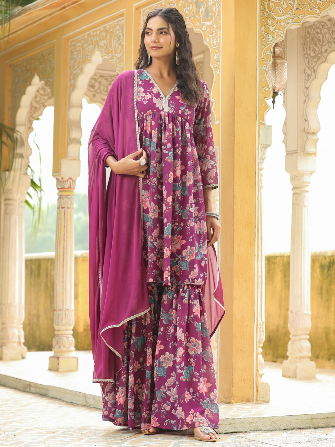 Purple-Georgette-Floral-Print-Sharara-Set