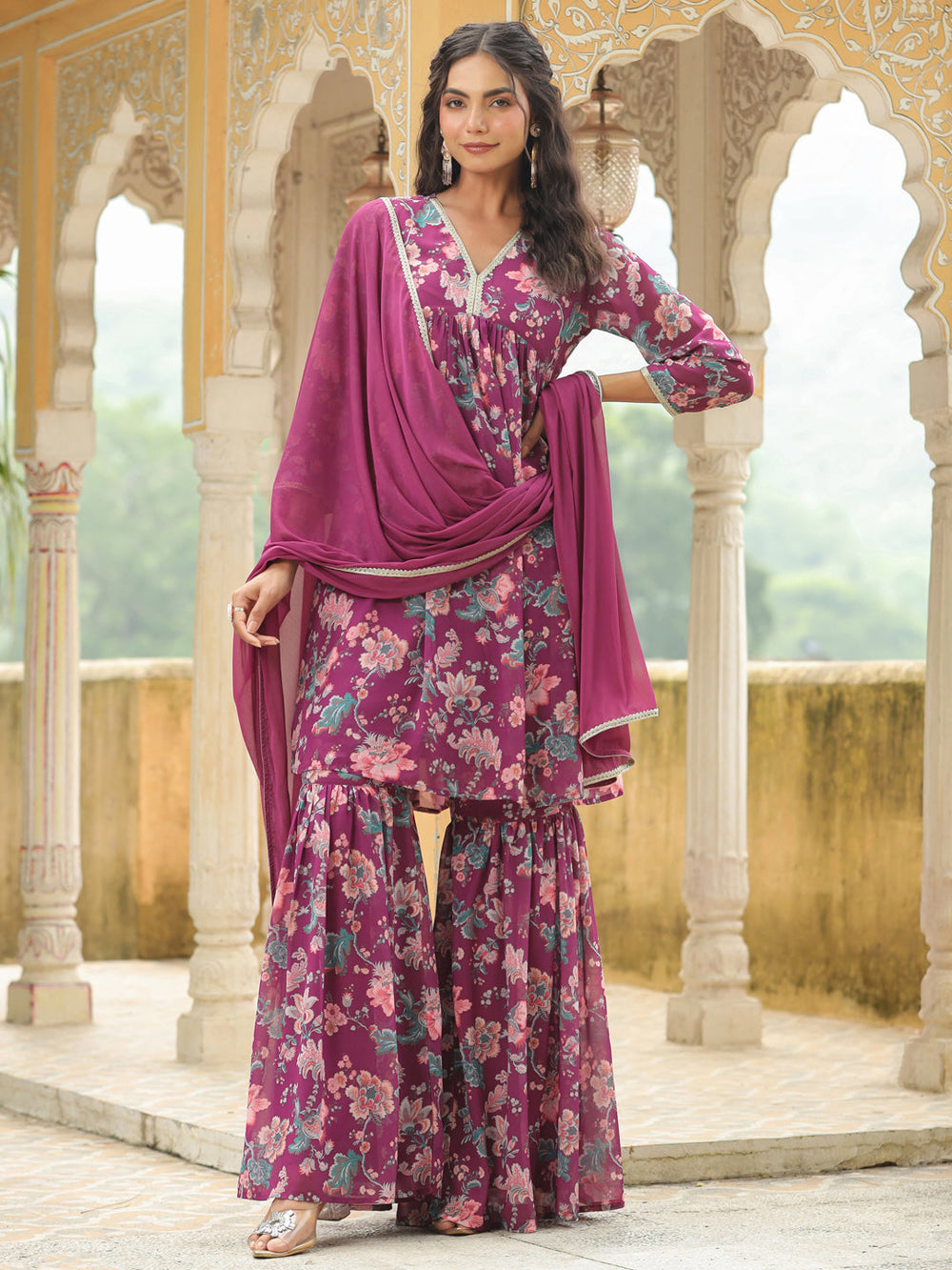 ZERESOUQ-Purple-Georgette-Floral-Print-Sharara-Set