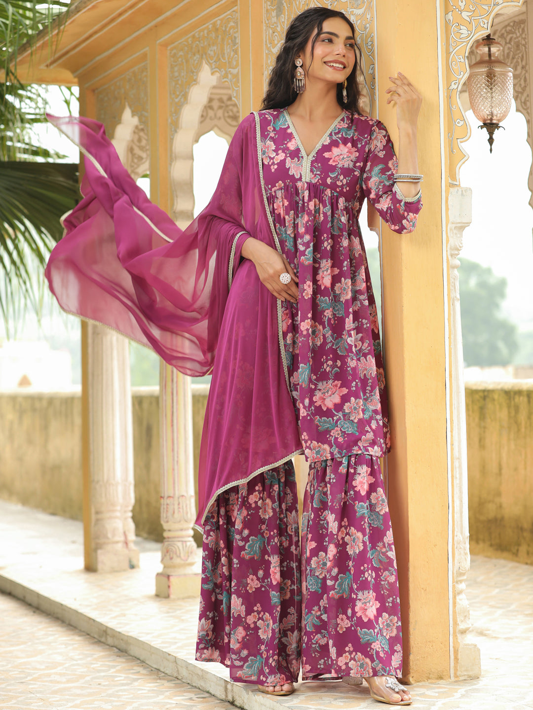 Purple-Georgette-Floral-Print-Sharara-Set