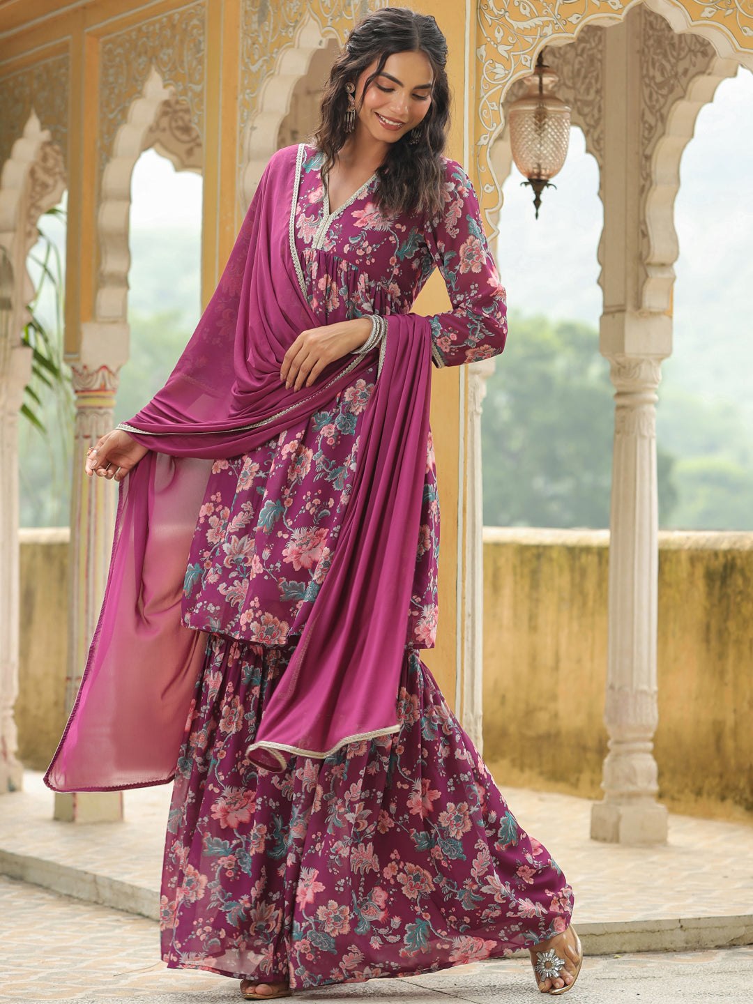 Purple-Georgette-Floral-Print-Sharara-Set