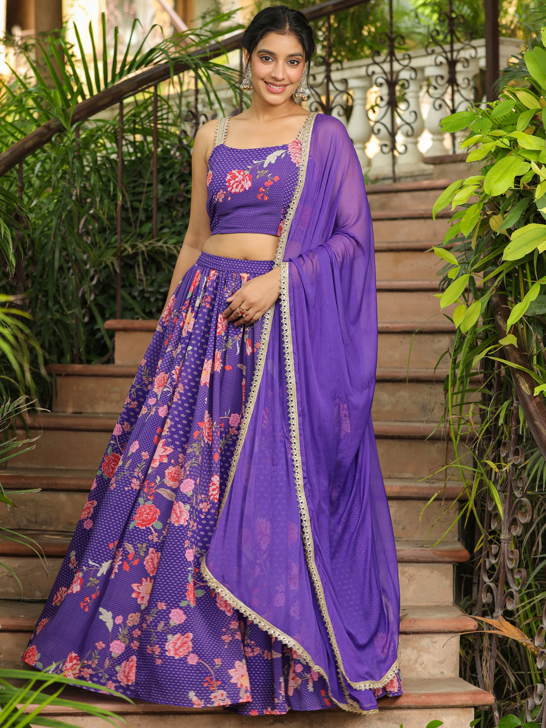 ZERESOUQ-Purple-Georgette-Floral-Print-Sleeveless-Lehenga-Set