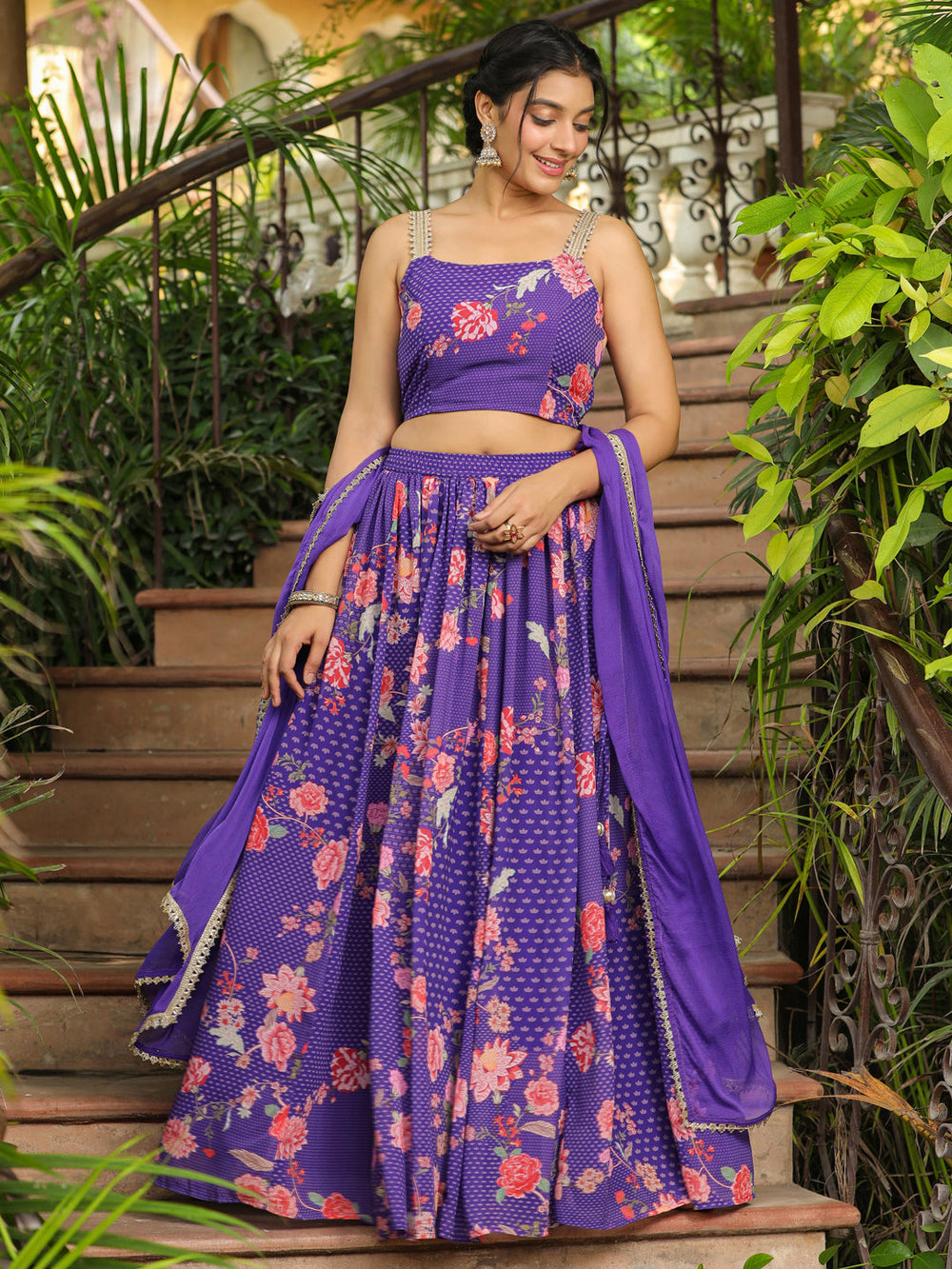 ZERESOUQ-Purple-Georgette-Floral-Print-Sleeveless-Lehenga-Set