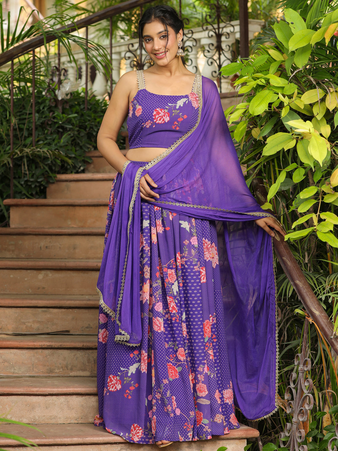 Purple-Georgette-Floral-Print-Sleeveless-Lehenga-Set