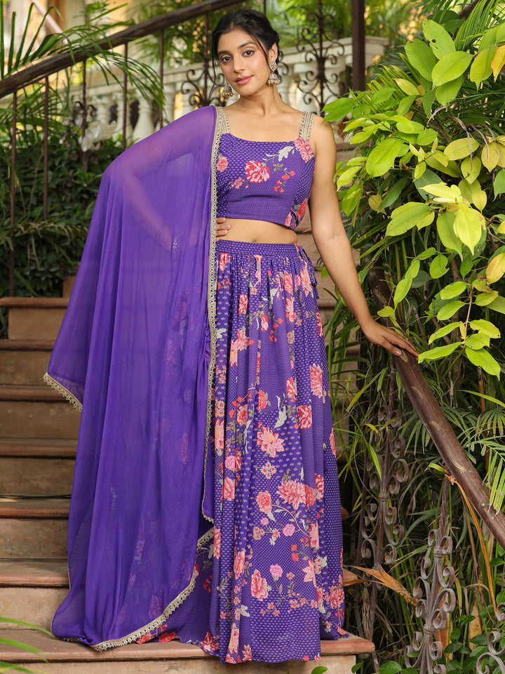 Purple-Georgette-Floral-Print-Sleeveless-Lehenga-Set