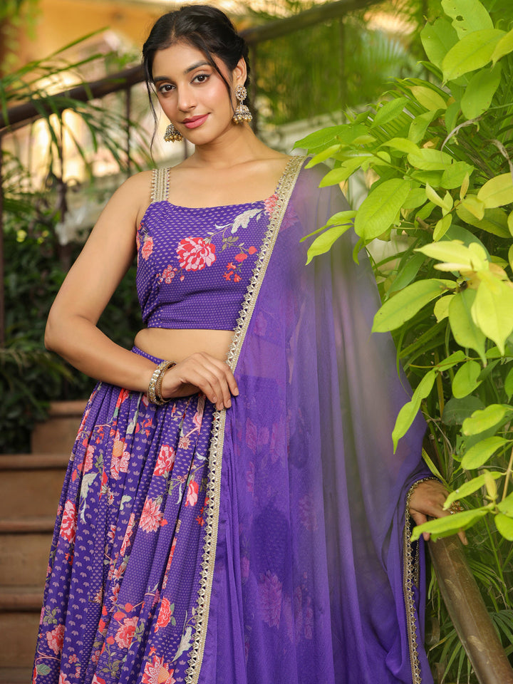 Purple-Georgette-Floral-Print-Sleeveless-Lehenga-Set