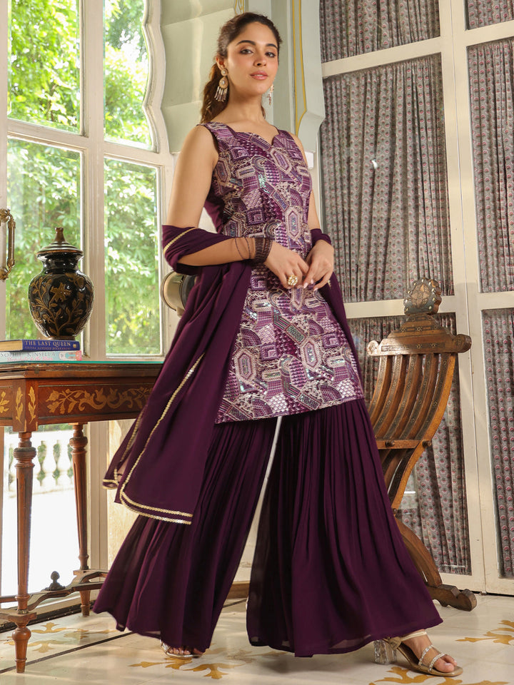 Purple Georgette Front Embroidered Straight Kurta Set