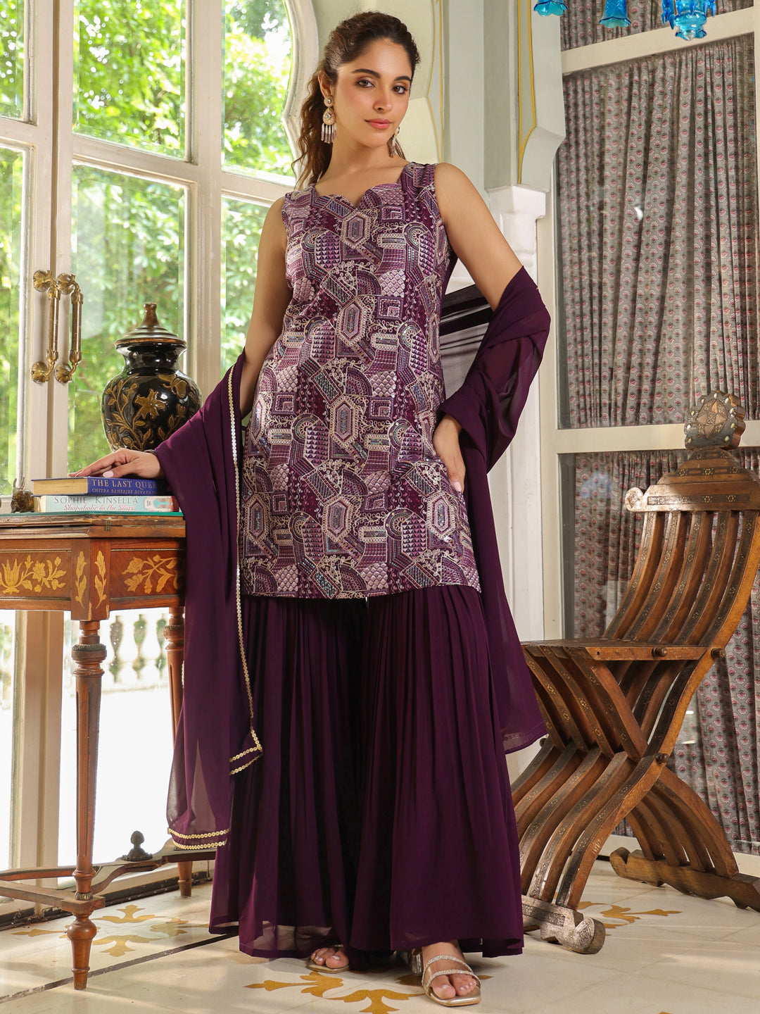 Purple Georgette Front Embroidered Straight Kurta Set