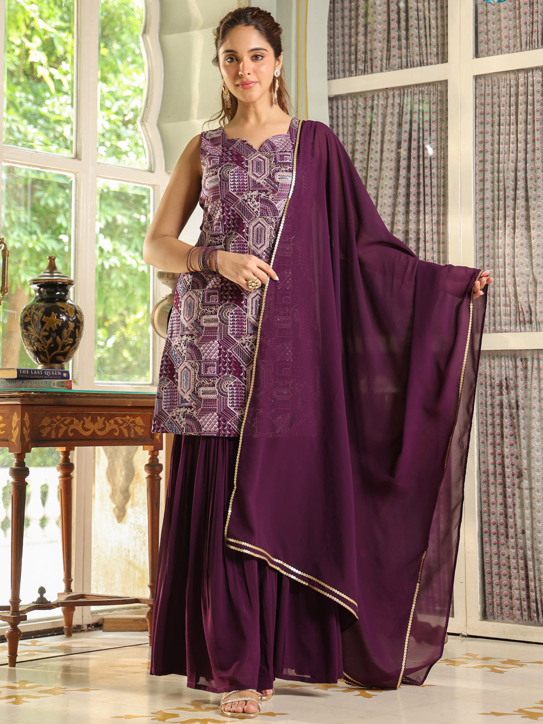 Purple Georgette Front Embroidered Straight Kurta Set