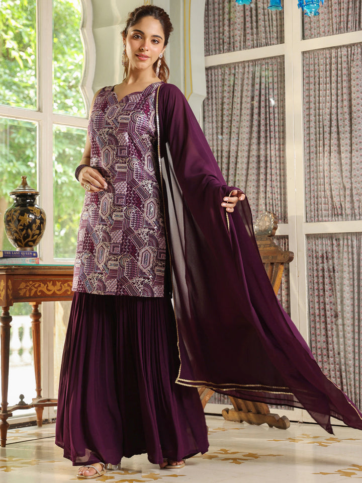 Purple Georgette Front Embroidered Straight Kurta Set