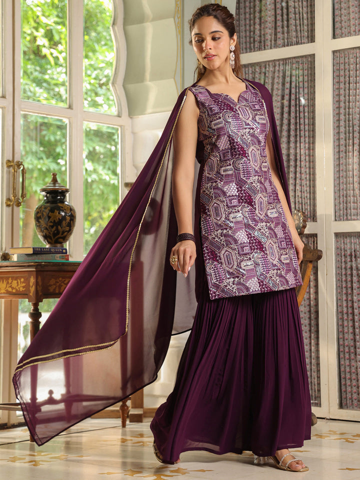 Purple Georgette Front Embroidered Straight Kurta Set