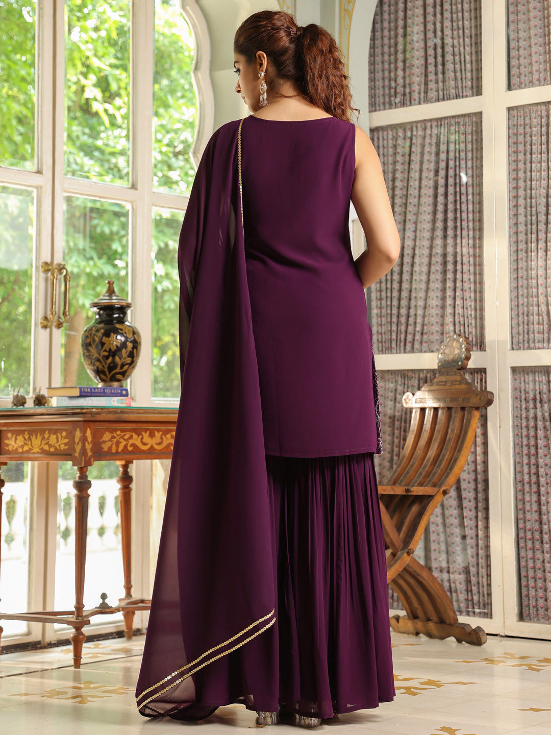 Purple Georgette Front Embroidered Straight Kurta Set