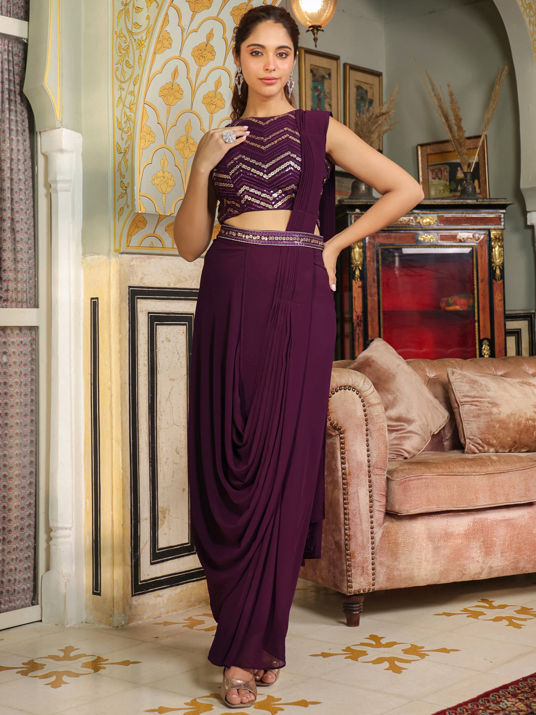 ZERESOUQ-Purple-Georgette-Sequined-Lehenga-Set