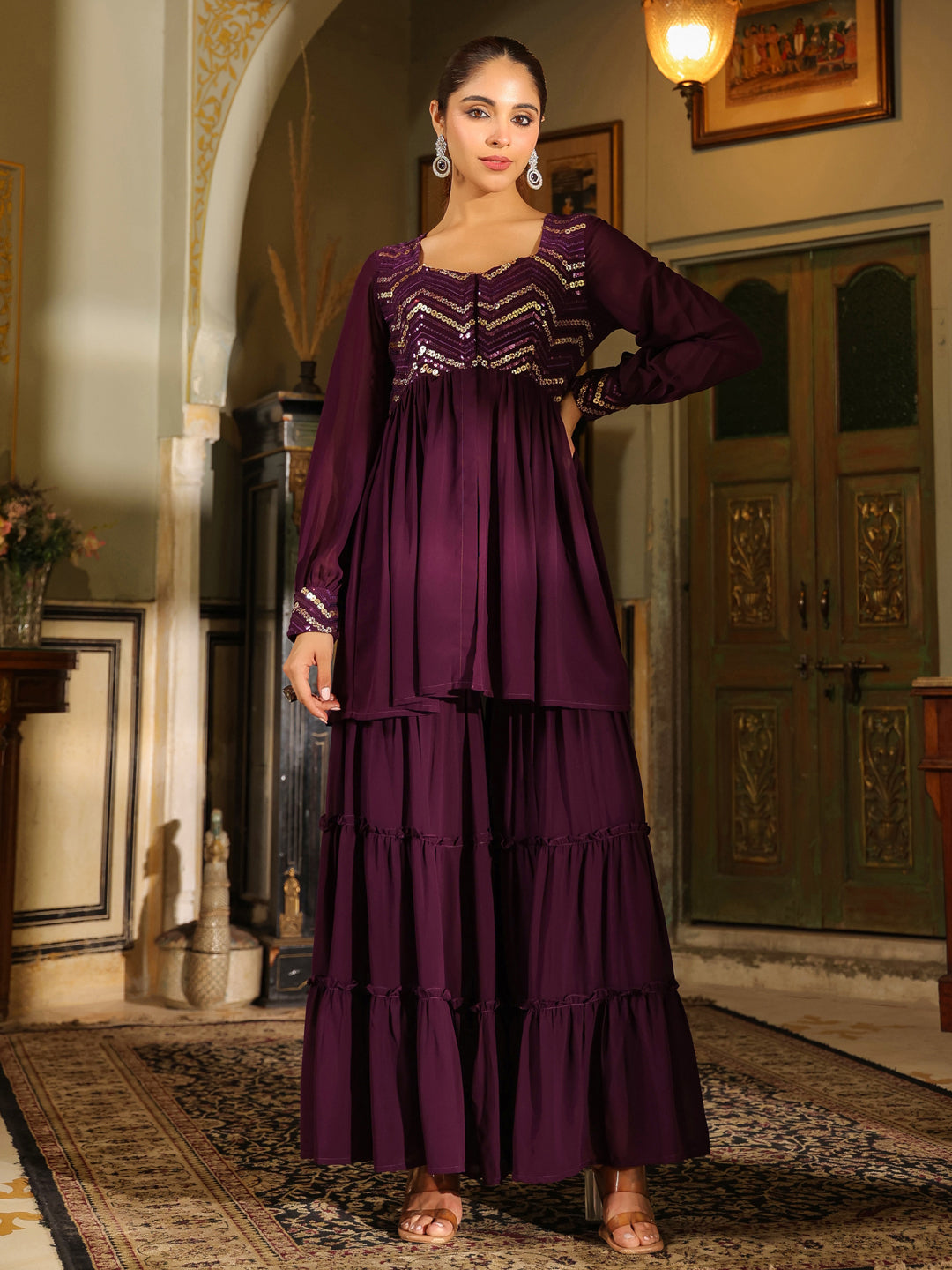 ZERESOUQ-Purple-Georgette-Sequined-Sharara-Set