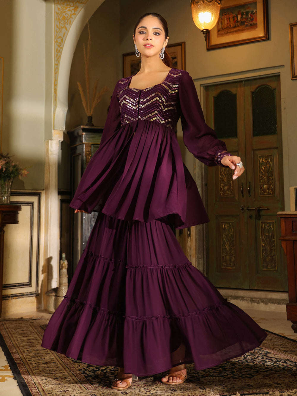 ZERESOUQ-Purple-Georgette-Sequined-Sharara-Set