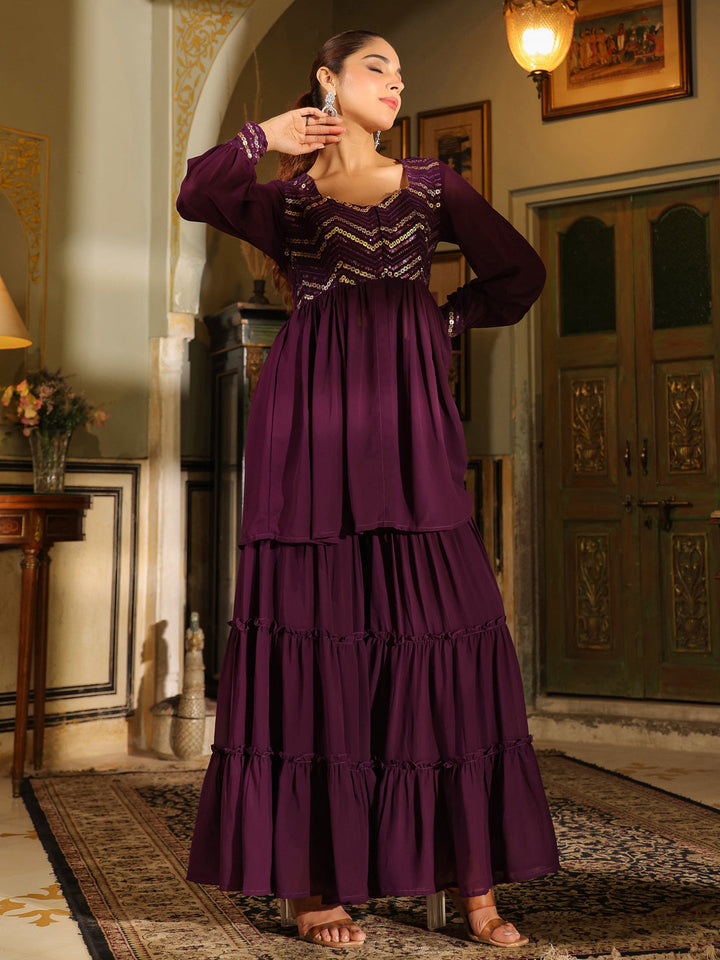 Purple Georgette Sequined Sharara Set