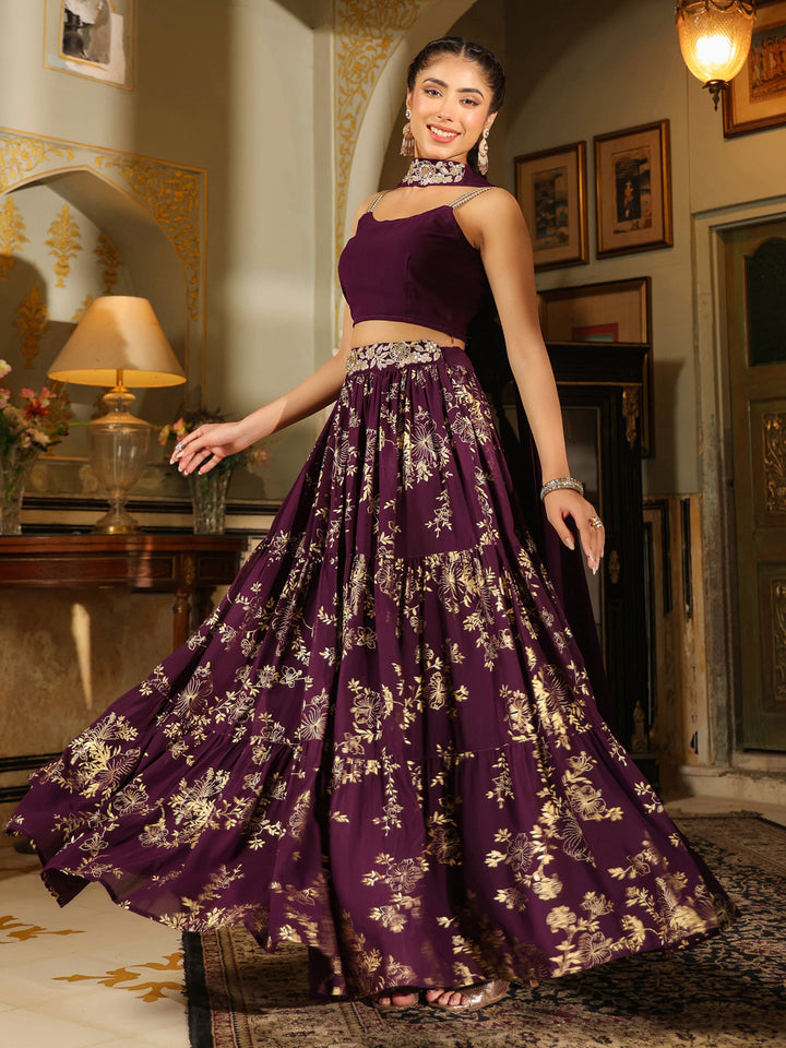 Purple-Georgette-Solid-Sleeveless-Lehenga-Set