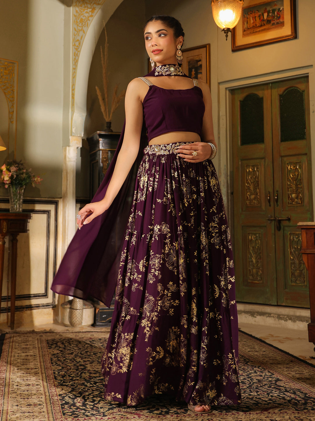 Purple-Georgette-Solid-Sleeveless-Lehenga-Set