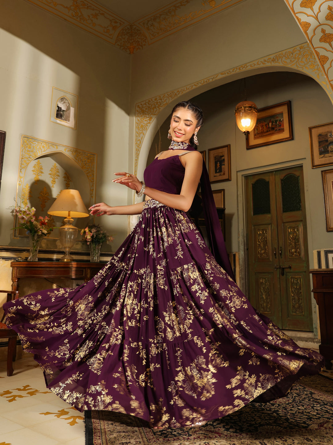 Purple-Georgette-Solid-Sleeveless-Lehenga-Set