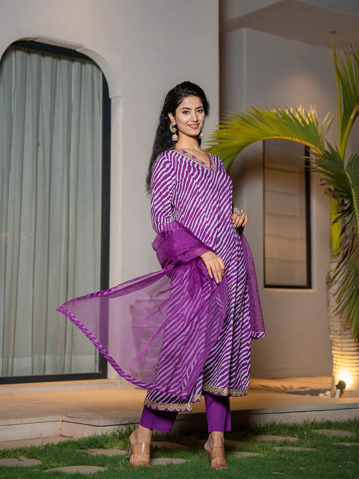 Purple-Cotton-Leheriya-Print-A-Line-3-Piece-Kurta-Set