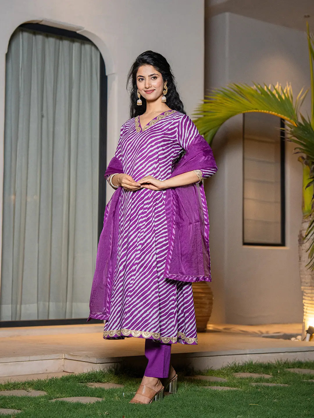 Purple-Cotton-Leheriya-Print-A-Line-3-Piece-Kurta-Set