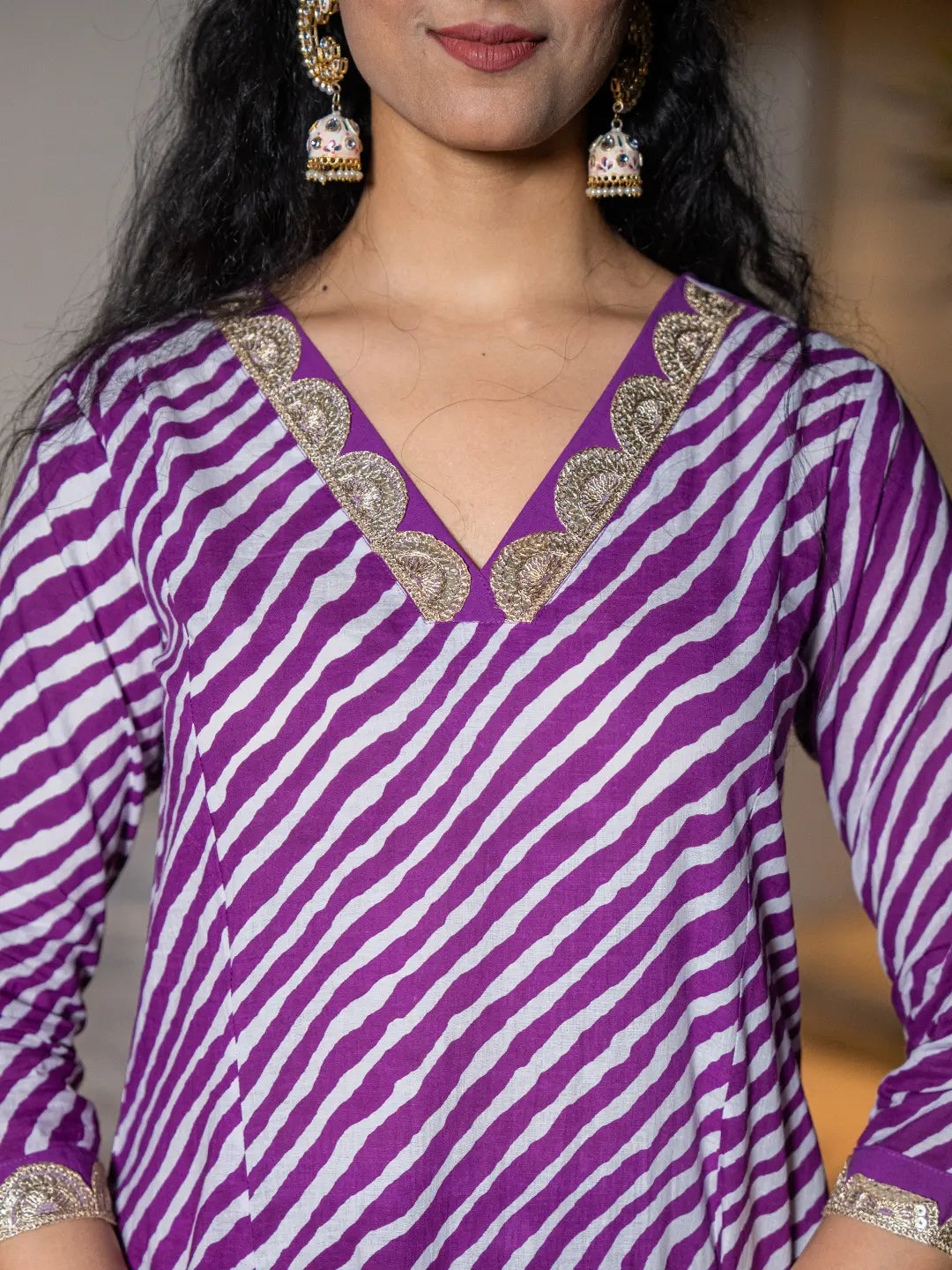 Purple-Cotton-Leheriya-Print-A-Line-3-Piece-Kurta-Set