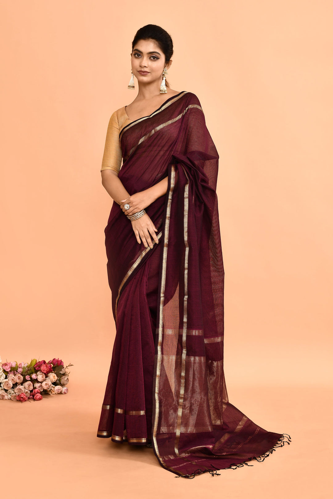 Purple-Maheshwari-Double-Border-Check-Saree