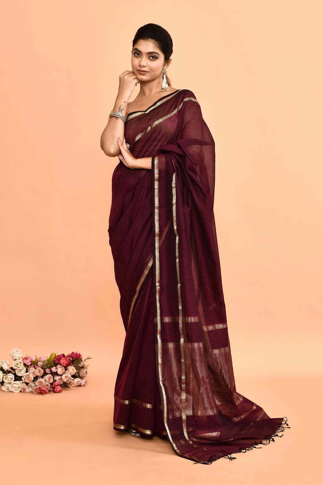 Purple-Maheshwari-Double-Border-Check-Saree