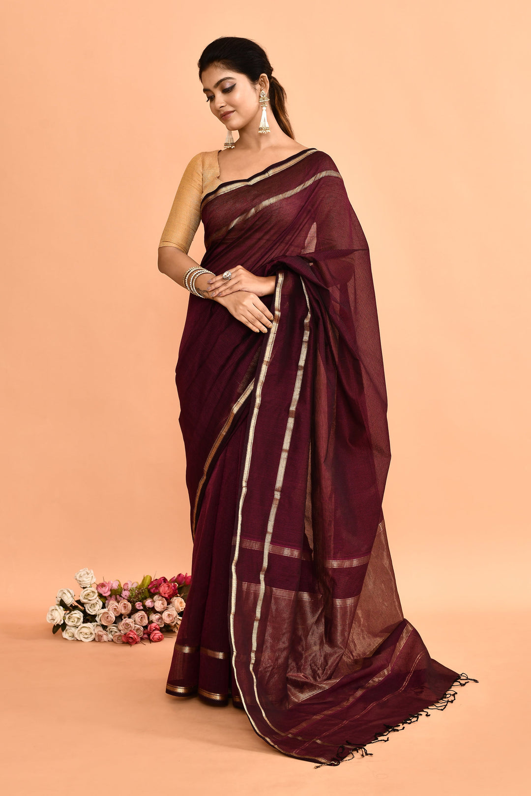 Purple-Maheshwari-Double-Border-Check-Saree