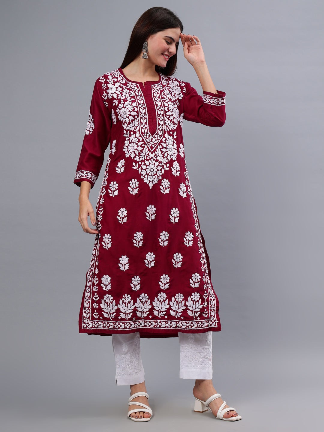 Purple Muslin Embroidered Chikankari Kurti