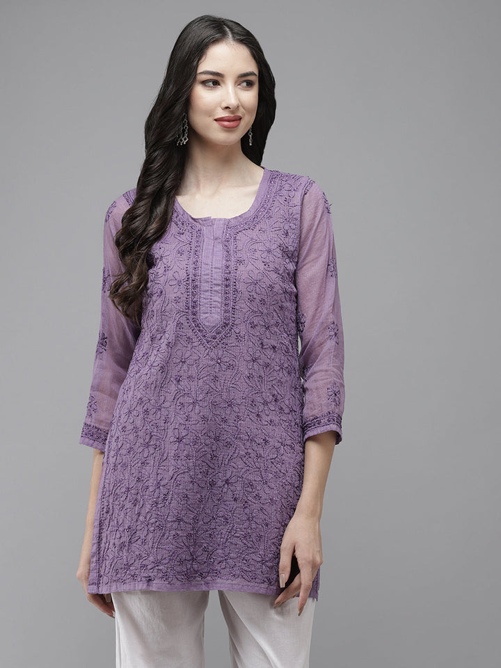 Purple Original Kota Chikankari Tunic With Slip
