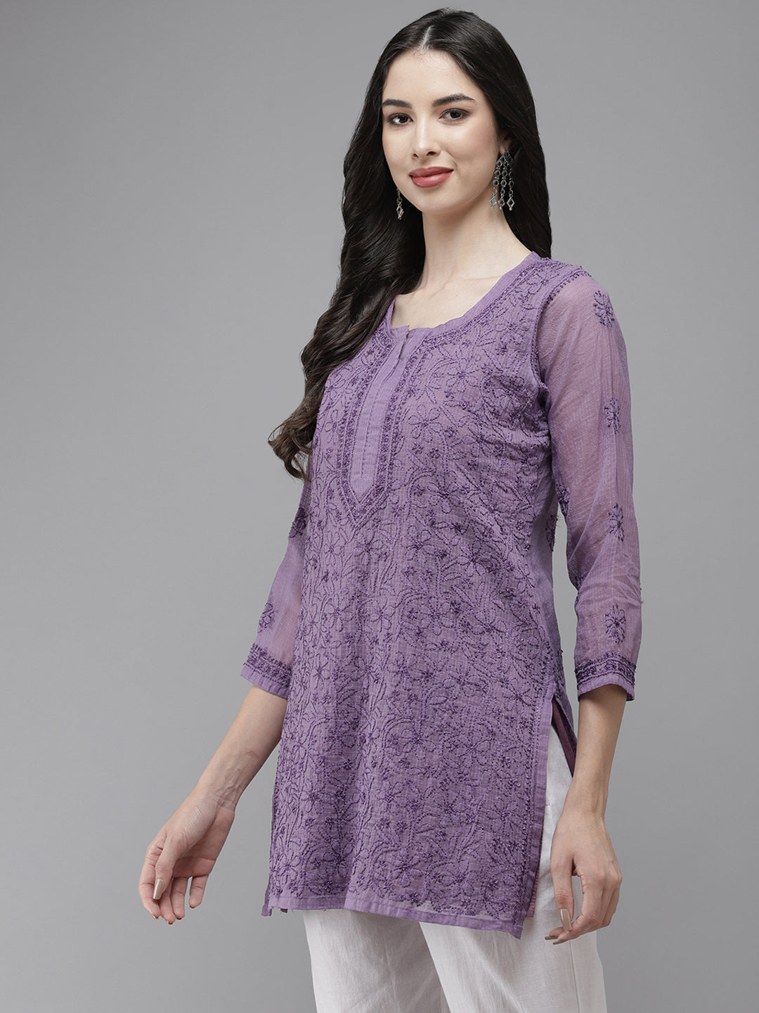 Purple Original Kota Chikankari Tunic With Slip