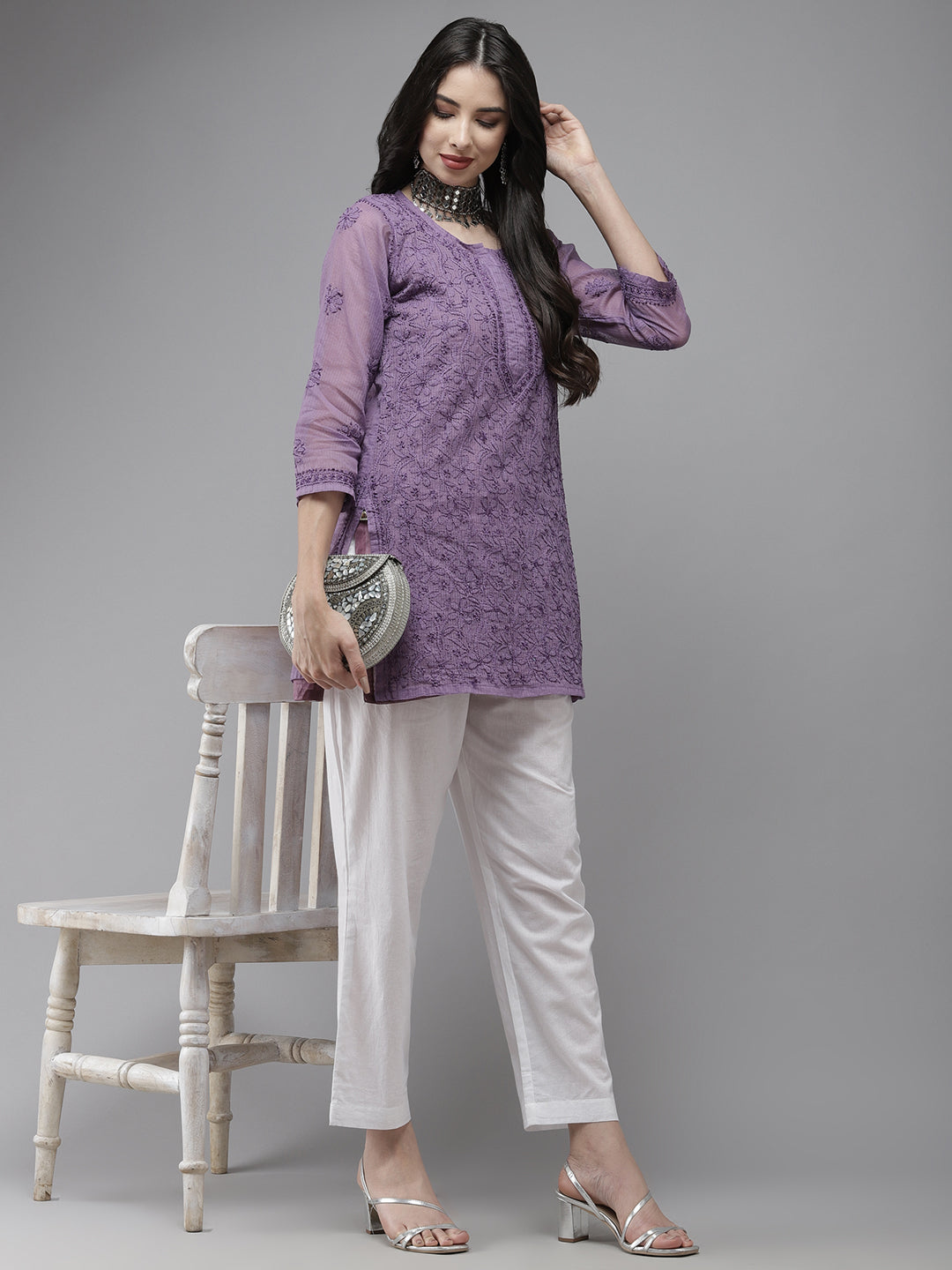 Purple Original Kota Chikankari Tunic With Slip