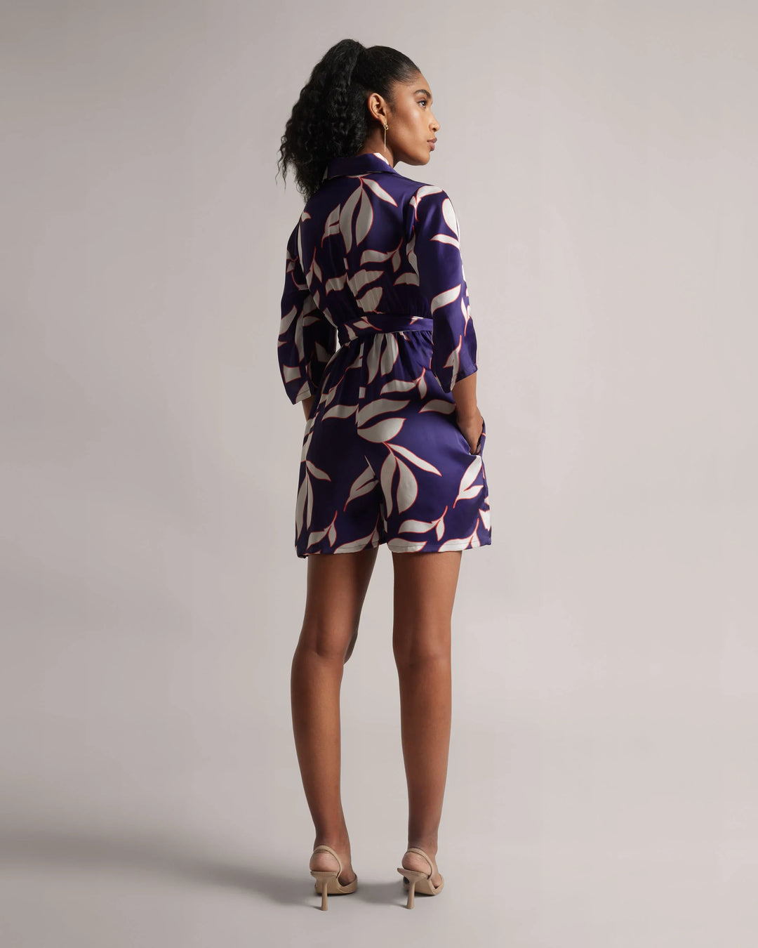 Purple Satin Botanic Print Mini Playsuit