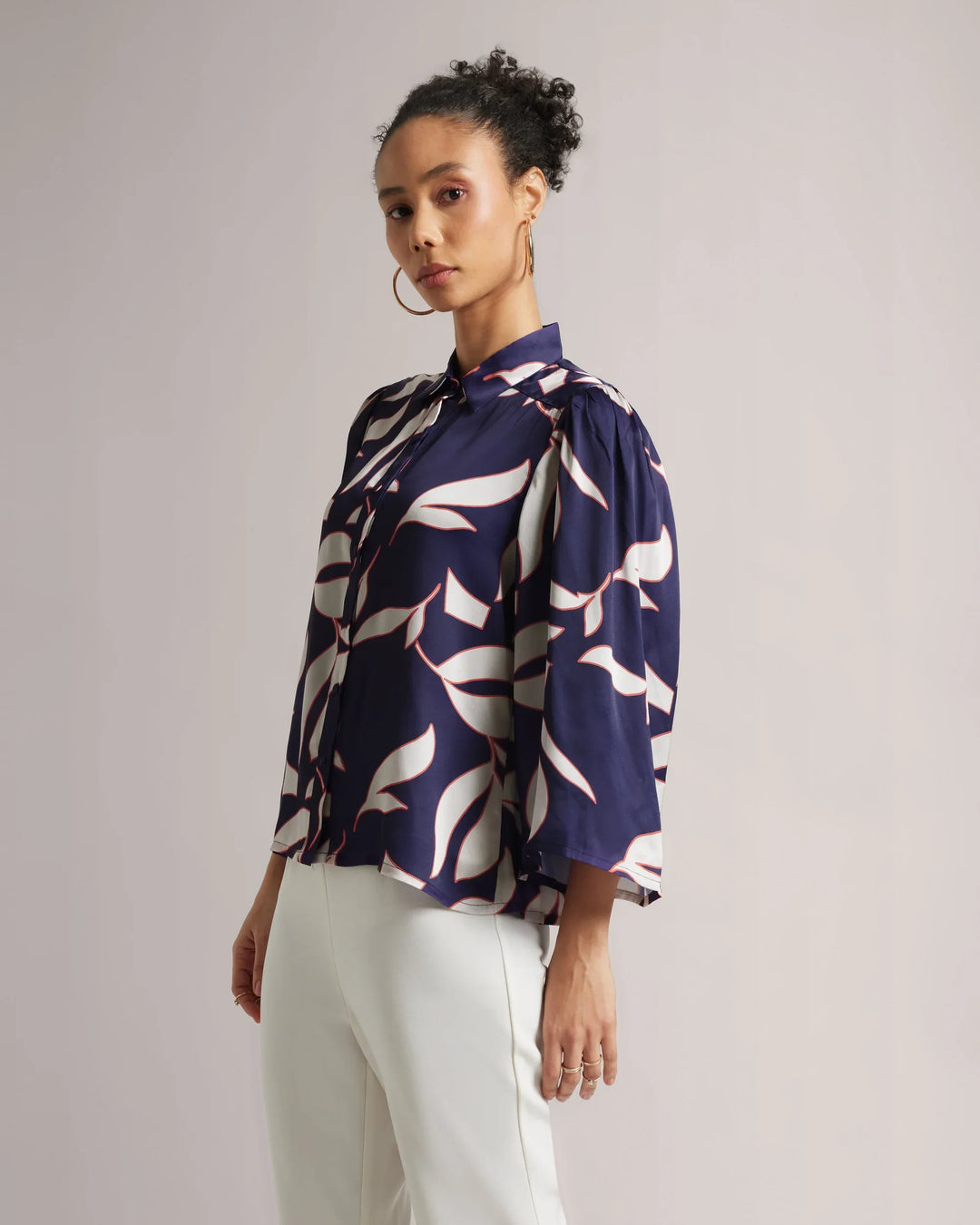 Purple Satin Floral Print Bell-Sleeved Shirt Only