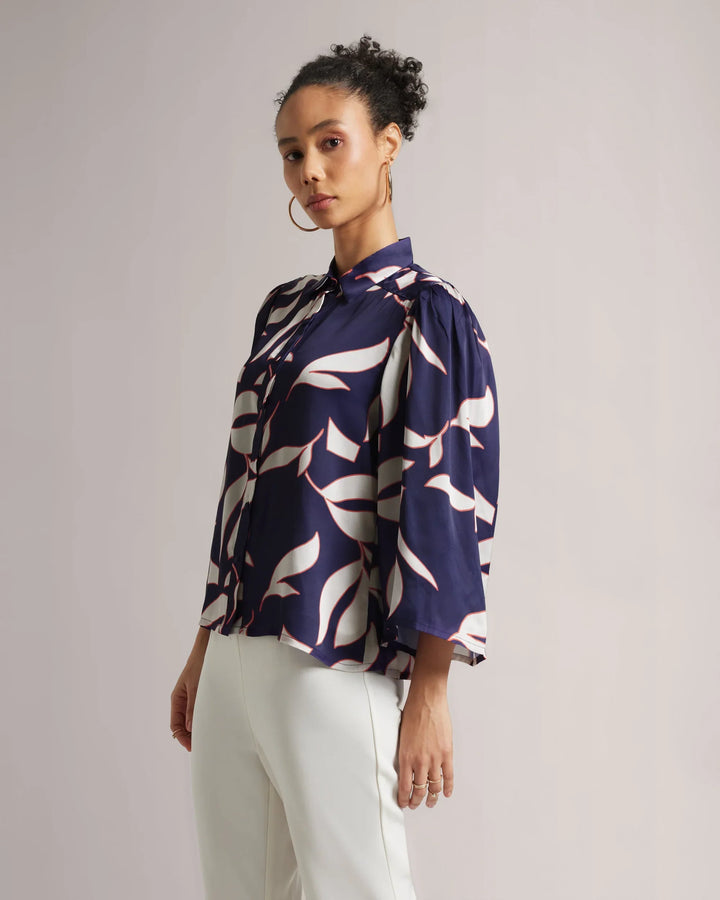 Purple Satin Floral Print Bell-Sleeved Shirt Only