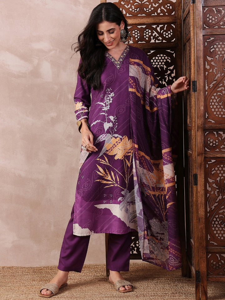 Purple-Silk-Blend-Floral-Print-3-Piece-Kurta-Set