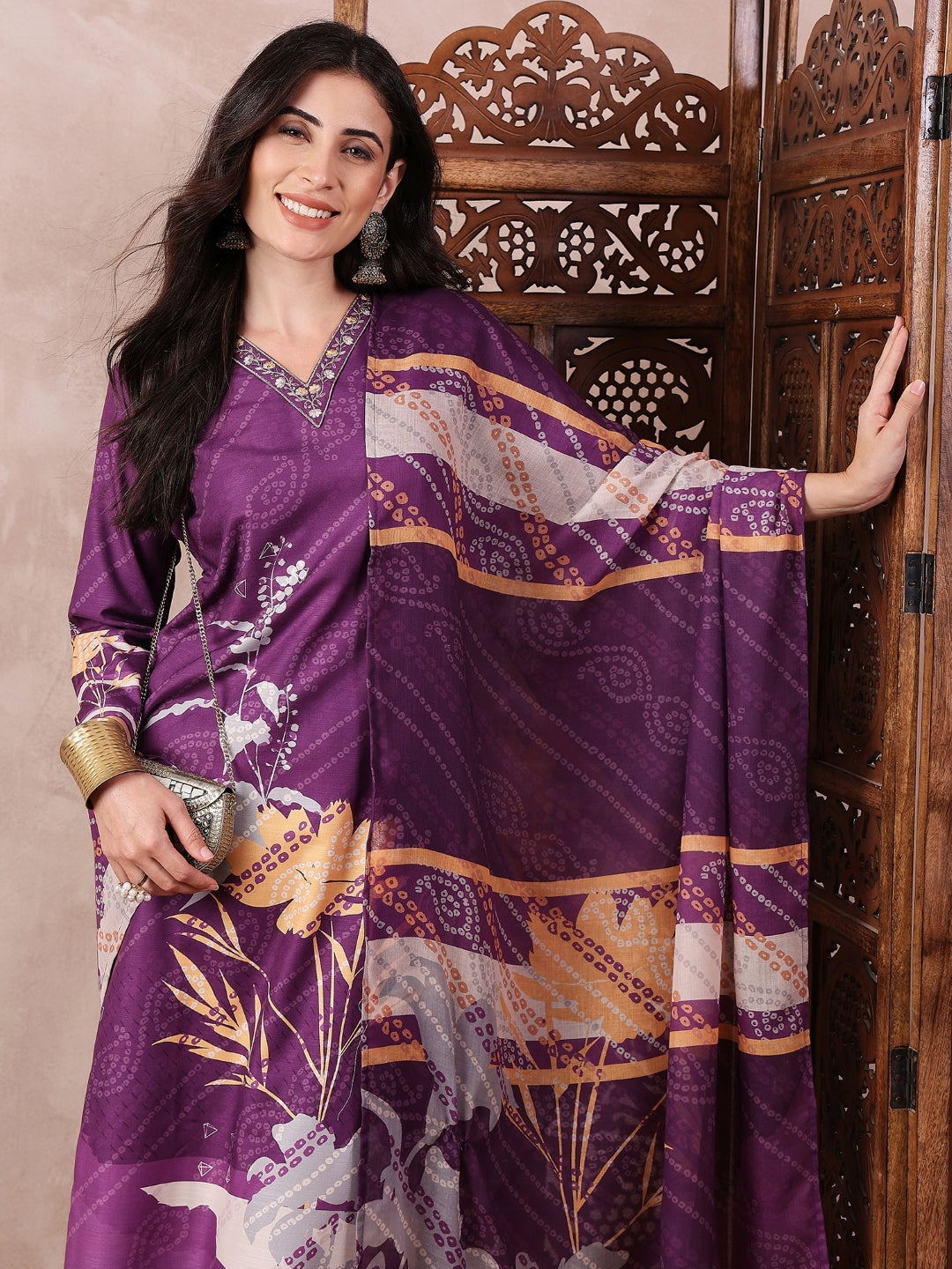 Purple-Silk-Blend-Floral-Print-3-Piece-Kurta-Set