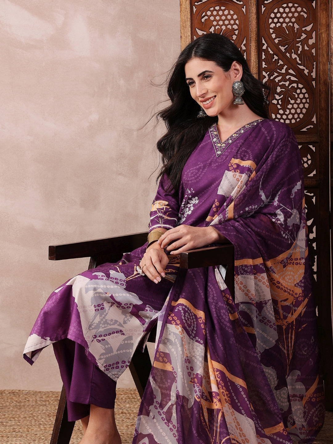 Purple-Silk-Blend-Floral-Print-3-Piece-Kurta-Set