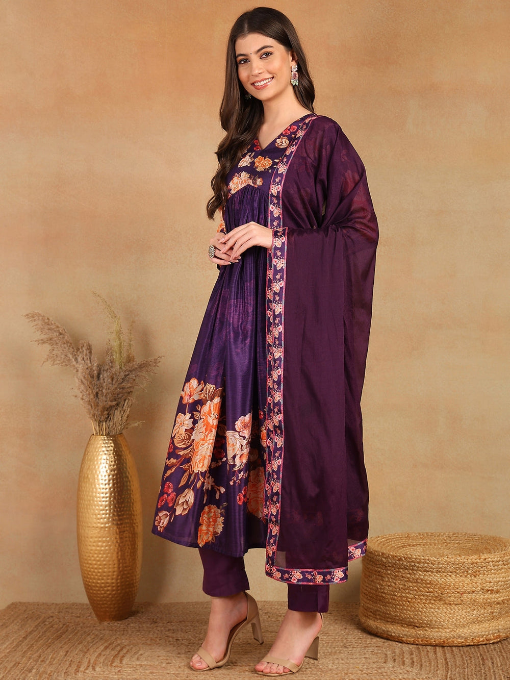 Purple-Silk-Blend-Floral-Printed-3-Piece-Kurta-Set