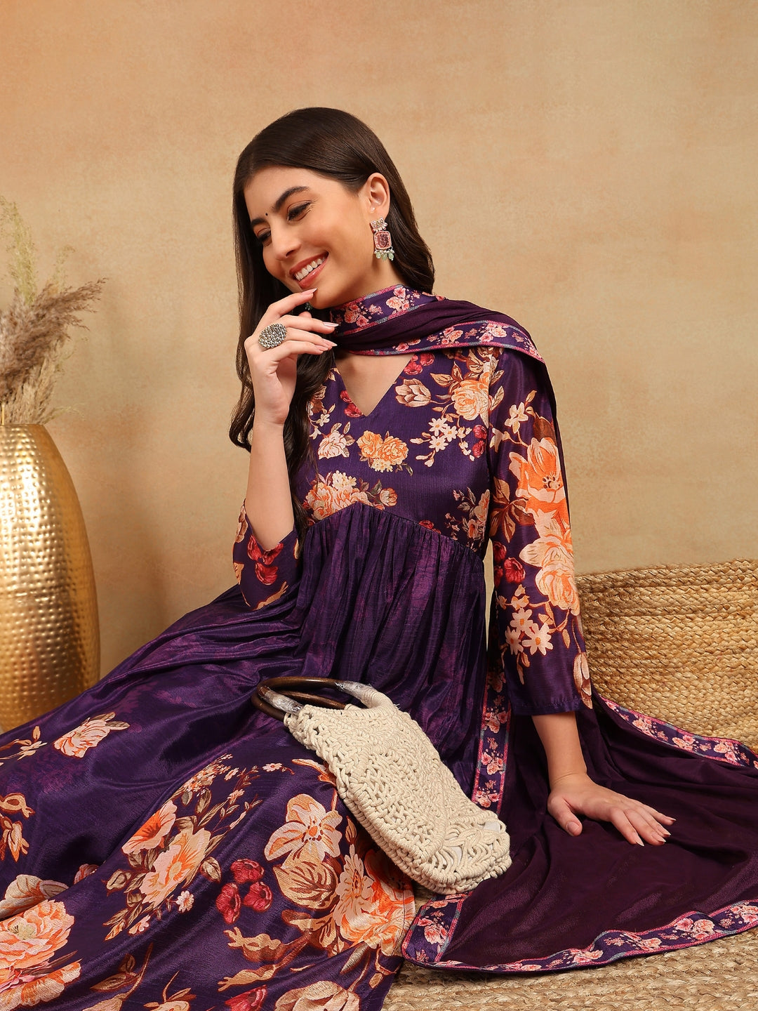 Purple-Silk-Blend-Floral-Printed-3-Piece-Kurta-Set