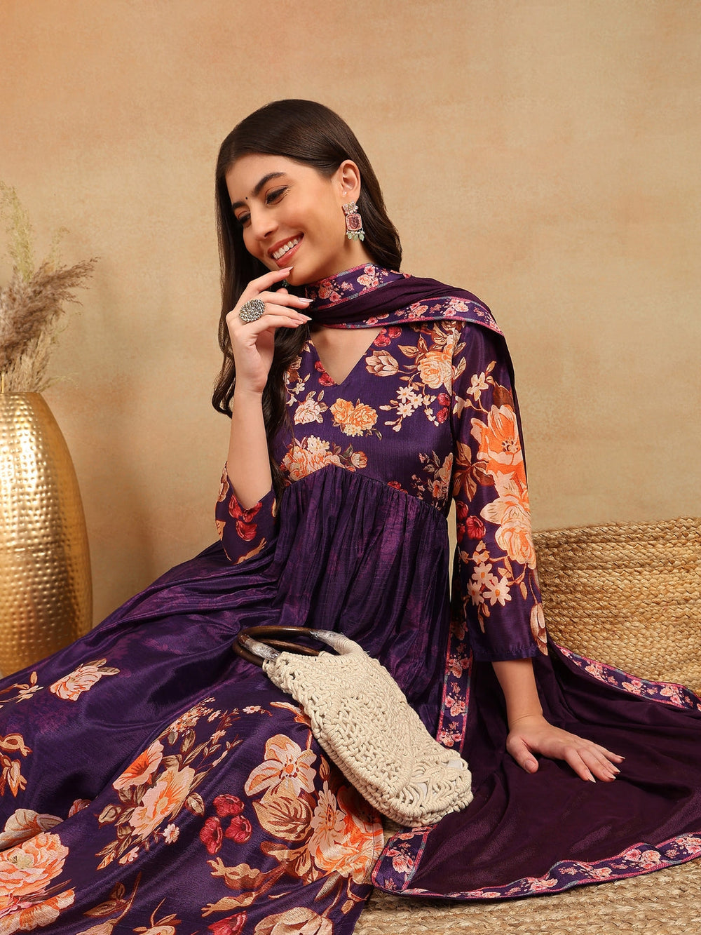 ZERESOUQ-Purple-Silk-Blend-Floral-Printed-3-Piece-Kurta-Set