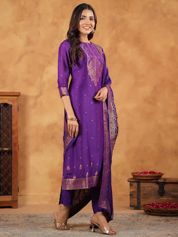 Purple Silk Blend Jacquard Straight Kurta Set