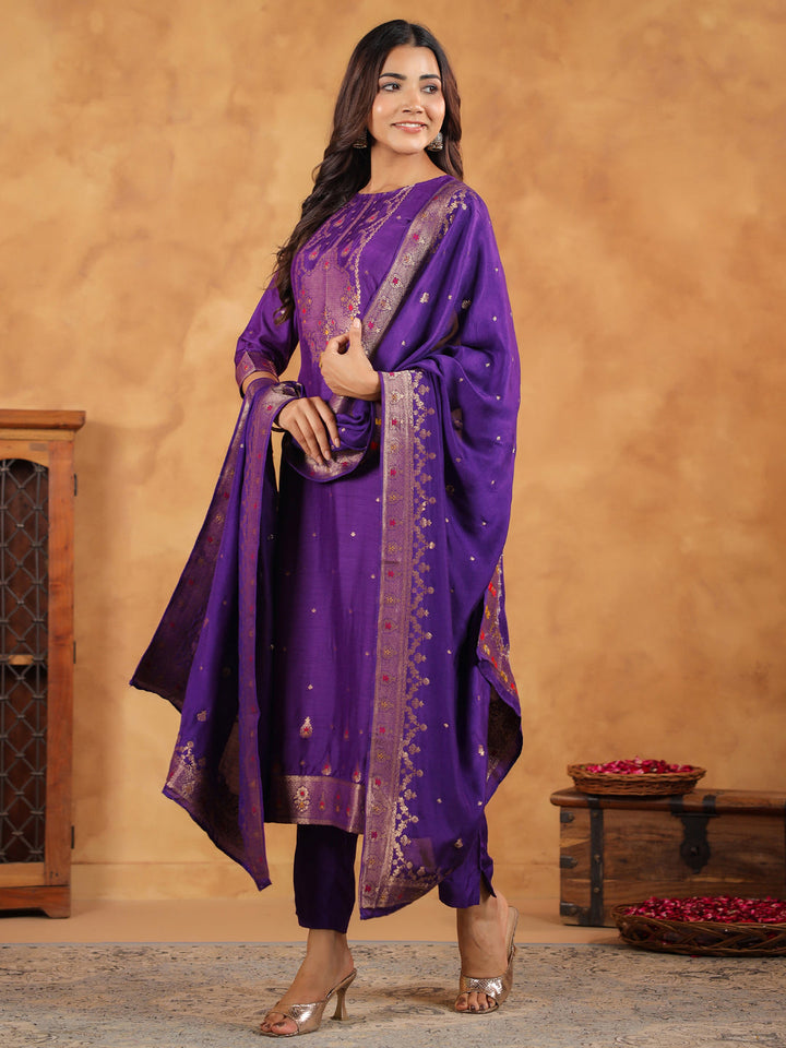 Purple Silk Blend Jacquard Straight Kurta Set