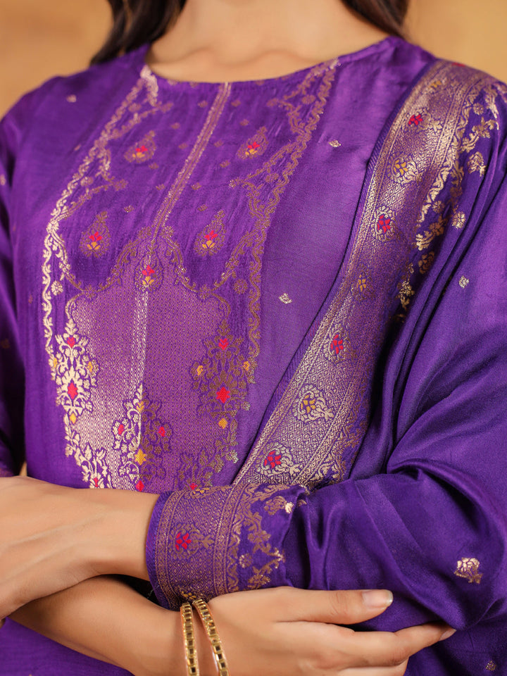 Purple Silk Blend Jacquard Straight Kurta Set