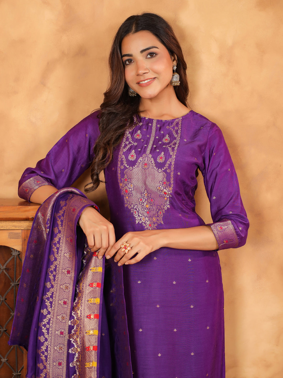 Purple Silk Blend Jacquard Straight Kurta Set