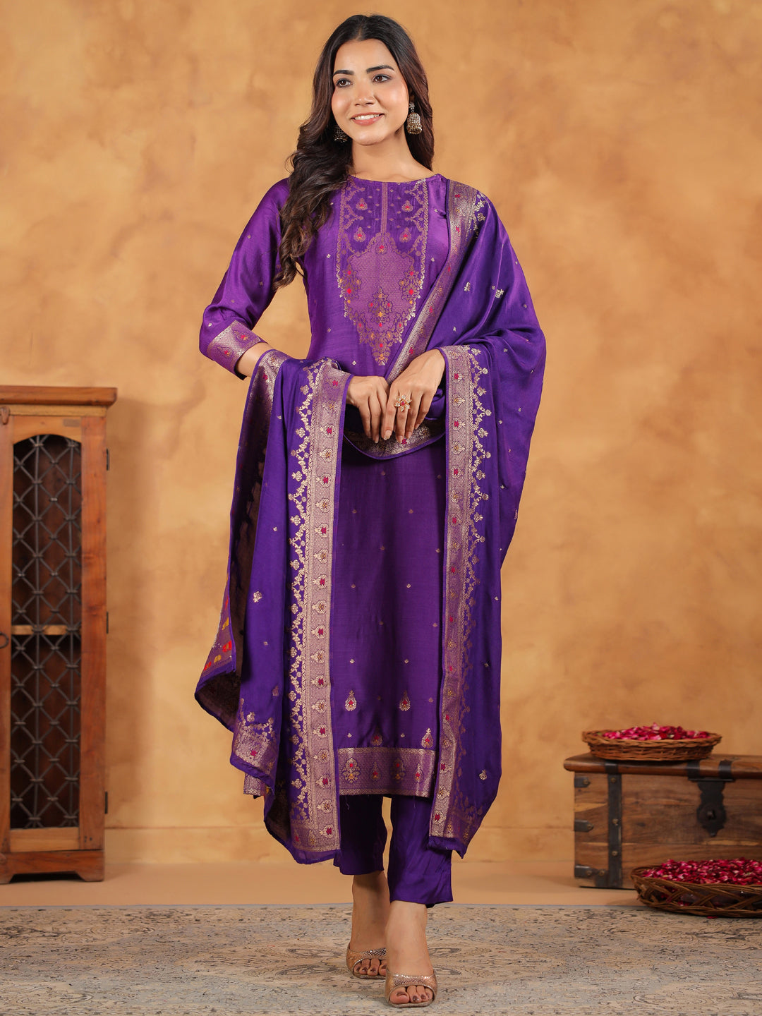 Purple Silk Blend Jacquard Straight Kurta Set